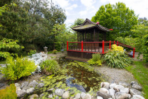 Coy Pond and Tea House, Glenavon Japanese Garden, Glen Richards, Courtown Harbour, Gorey, Co. Wexford, Ireland.